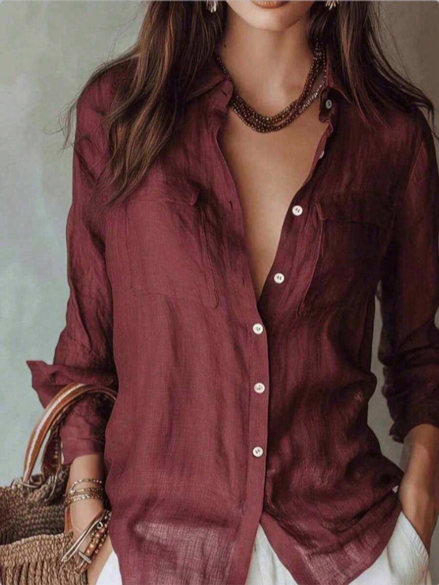Early Autumn Plus Size Rust Red Lightweight Breathable Women's Blouse, Design-Focused Solid Color Double Patch Pocket Lapel Cardigan Top, Casual Commute Everyday Wear, Draped Elegant Style Shirt - Burgundy - View 1