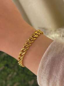 1pc Women's Bracelet, Beach Vacation Layering Style, Non-Fading Non-Rusting Stainless Steel Women's Hip Hop Thick Cuban Chain Bracelet, Daily Accessory Gift - Yellow Gold - View 3