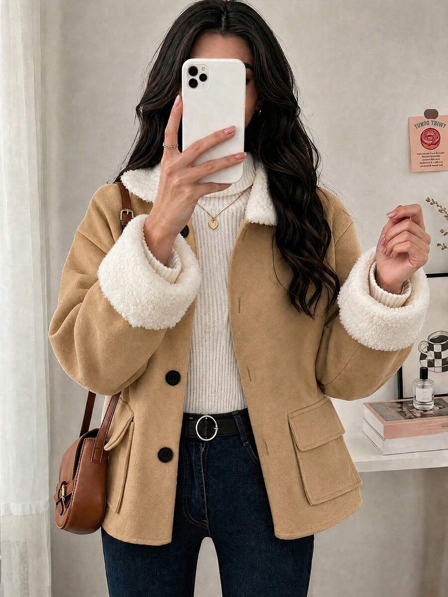 女款秋冬羊毛混紡短夾克，長袖人造毛領拼接設計，前襟鈕扣開合附口袋，休閒百搭外套 - 駝色 - 查看 1