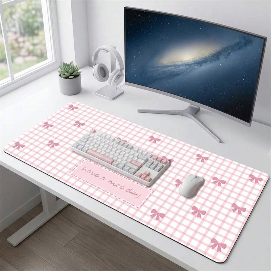 Extra Long Pink Bow Mouse Pad, Non-Slip Rubber, Office & Home Use, Gift For Friends, Back To School Desktop Accessory, Office Supplies, Multiple Sizes - A - View 1