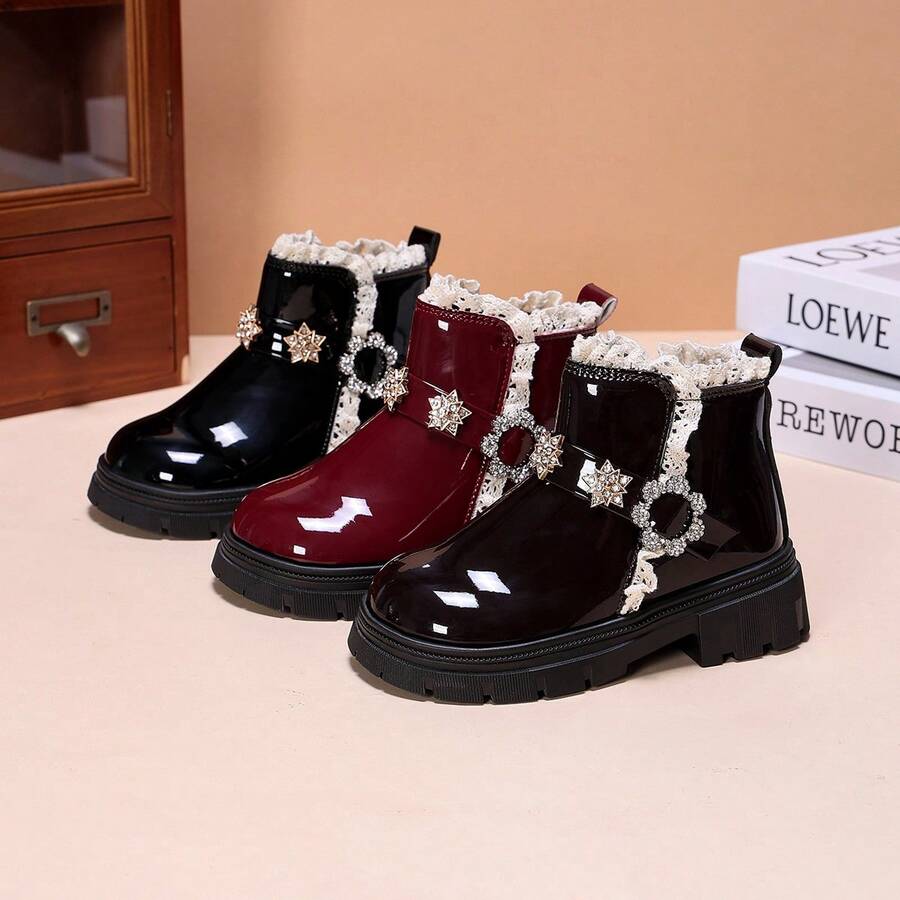 1 Pair Autumn/Winter Kids Thermal Lined Lace Trim Rhinestone Flower Buckle Decor Side Zipper Durable Thick Sole Girls Fashion Princess Boots - Coffee Brown - View 1