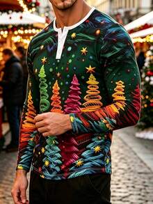 Men's Autumn/Winter Christmas Atmosphere Personalized Line Christmas Tree Print Button Long Sleeve T-Shirt - Multicolor - View 4