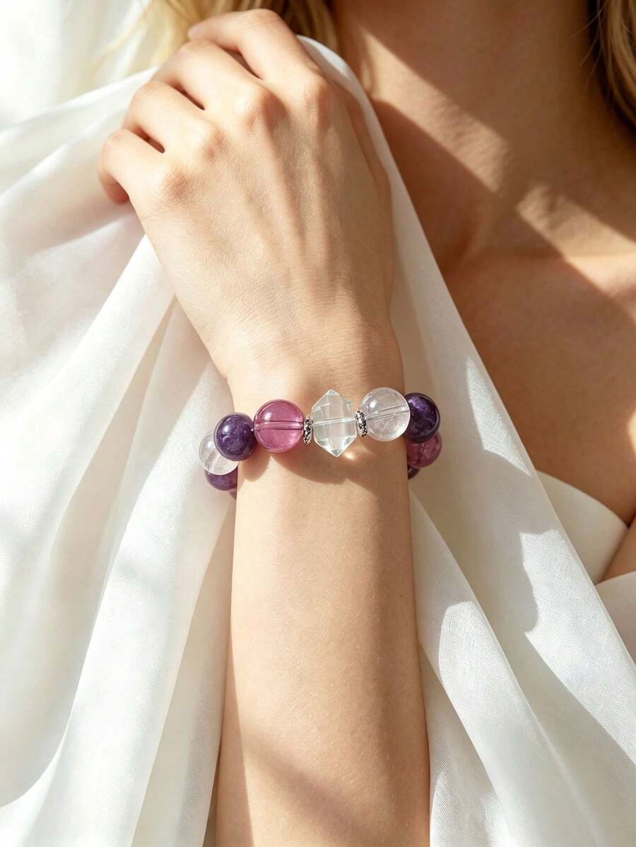 [VE]1pc Authentic Large Size High-Quality Crystal Bracelet, Activates Intuition And Wisdom, Stabilizes Emotions And Calms Mind, Enhances Noble Connections And Improves Interpersonal Relationships, Suitable For Gifts, Self-Wear, Students And Knowledge Workers, Crystal Color Random - Bracelet - View 1