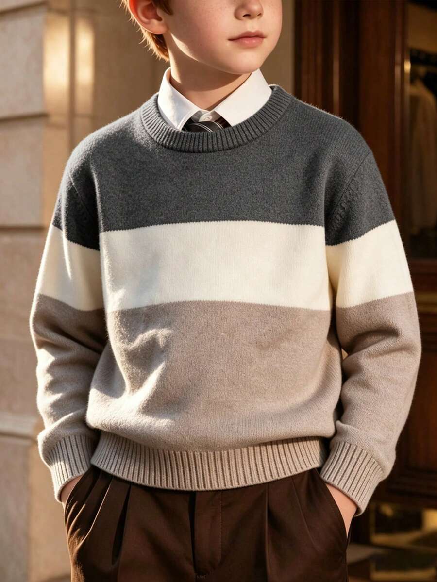 青少年男孩拼色條紋圓領針織毛衣,休閒長袖針織套頭衫,秋冬兒童保暖上衣 - 深灰色 - 查看 1