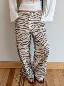 2026 New Zebra Print Woven Fabric Drawstring Waist Women's Long Pants - Light Khaki - View 9