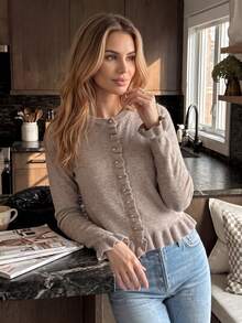 Soft Frill Trim Knitted Cardigan, Round Neck Slim Fit Short Length With Small Gold Buttons And Frill Trim, Flattering Women's Long Sleeve Jacket For Daily Commute, Afternoon Tea Date, Shopping, And Office Wear - Khaki - View 8