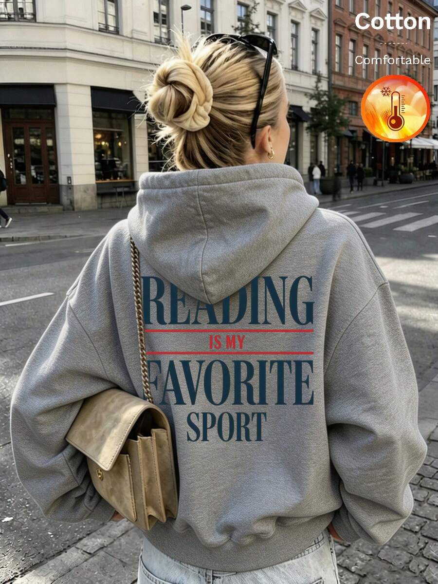 Women's Autumn/Winter Fleece Hooded Sweatshirt, Back Print "READING IS MY FAVORITE SPORT", Y2K Style - Gray - View 1