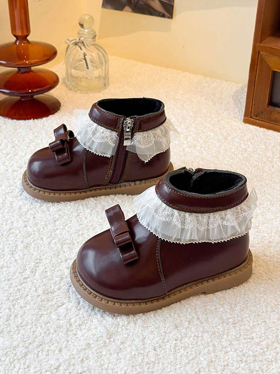 1 Pair Girls' Lace Trim Thermal Lined Ankle Boots, 2026 Autumn/Winter ...