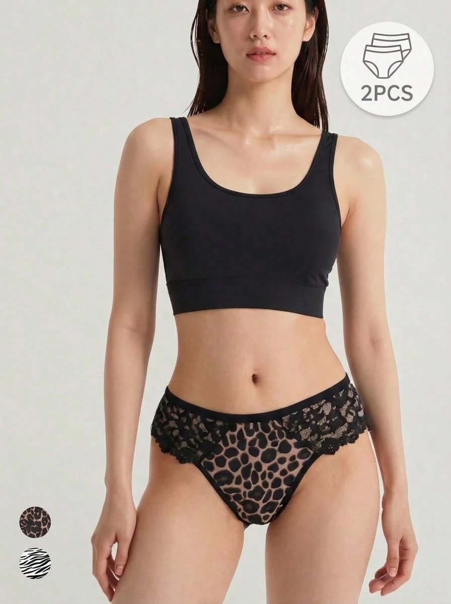 Mystèrelle 2 buah Celana Dalam Seksi Motif Leopard dari Sutra Es, Gaya Menggoda dengan Hiasan Renda dan Jala, Kancing Logam untuk Kontrol Perut dan Pengangkat Bokong