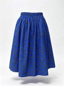 Rok Midi A-Line Ankara Motif Pusaran Biru & Kuning dengan Ikat Pinggang dan Tali Pinggang - Biru - View 2