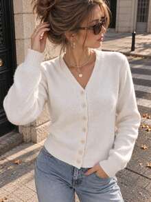 Women's Solid Color Long Sleeve Single-Breasted Casual Knit Cardigan - Beige - View 4