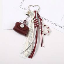 Korean Vintage Woven Tassel Pearl Chain Mini Leather Bag Charm, Cute Bag Pendant Keychain - Multicolor - View 6