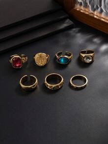 7pcs Vintage Distressed Gold Color Gemstone Ring Set, Embossed Floral Pattern Gemstone Rings, Hip-Hop Personalized Accessories - Gold - View 6