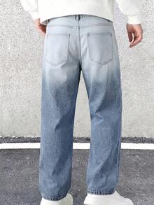Men's Loose Straight Leg Jeans With Geometric Stitching Patchwork Design, American High Street Cargo Style Style, Retro Streetwear, All Season, Wide Leg, Mid Waist, Contrast Stitching, Light Blue - Dusty Blue - View 2