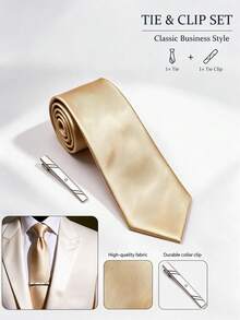 1 Set Men's Fashion Business Solid Color Diagonal Striped Tie, Suitable For Business Meetings, Job Interviews, Weddings, Parties, Gatherings And Evening Events - Champagne - View 1