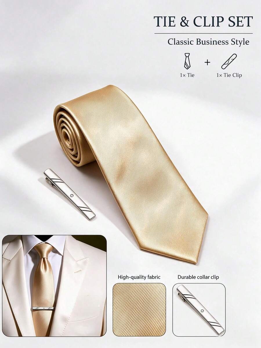 1 Set Men's Fashion Business Solid Color Diagonal Striped Tie, Suitable For Business Meetings, Job Interviews, Weddings, Parties, Gatherings And Evening Events - Champagne - View 1