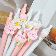 Cute Floral Gel Pen Set For Women, Pink Flower Ballpoint Pens, Kawaii Aesthetic Decorative Black Ink Pens, Fun Stationery Desk Accessories - A - View 1