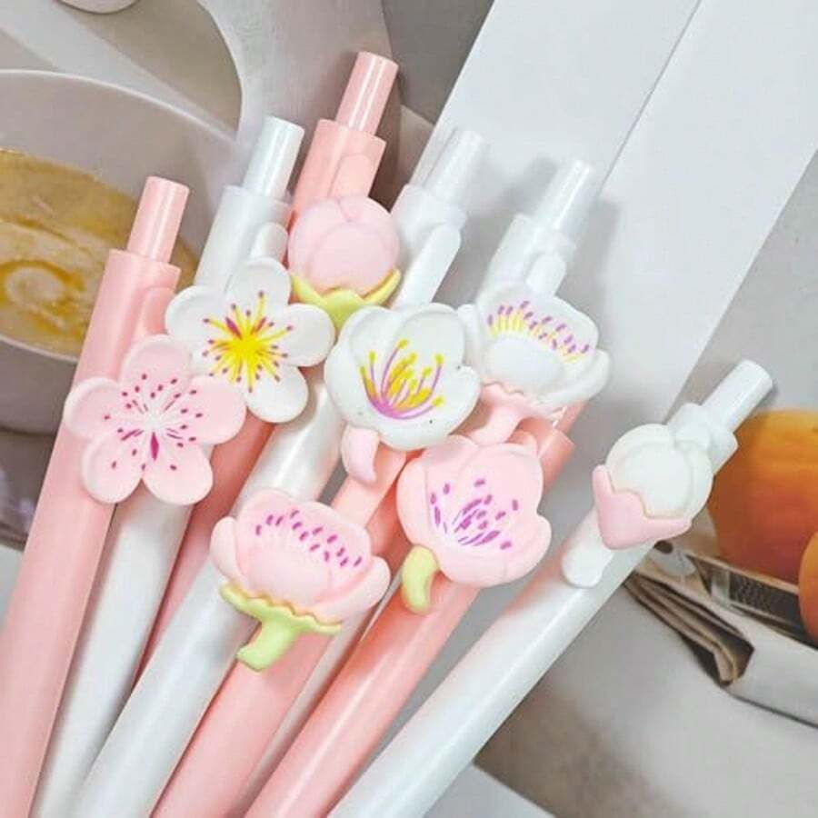 Cute Floral Gel Pen Set For Women, Pink Flower Ballpoint Pens, Kawaii Aesthetic Decorative Black Ink Pens, Fun Stationery Desk Accessories - A - View 1
