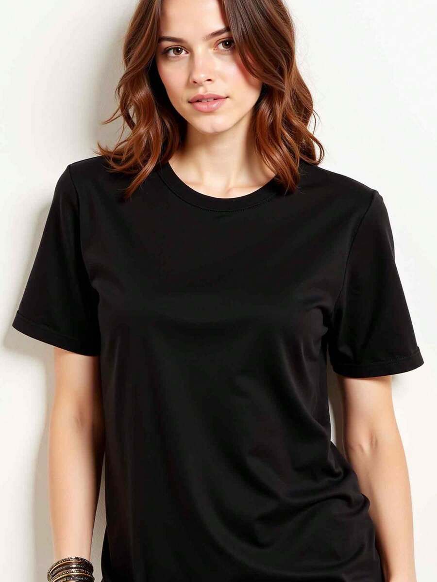 Camiseta básica para mujer, camiseta negra de color liso y estilo retro, ideal para el verano y el otoño, tanto para el día a día como para los fines de semana. - Negro - Ver 1