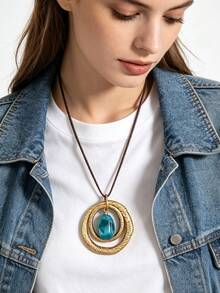 1pc Fashion Minimalist Large Double Ring Pendant Necklace, Bohemian Asymmetrical Resin Stone Neck Chain, Holiday Anniversary Gift For Friends And Lovers - Wax Rope - View 3
