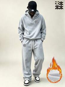 mulinsen Men's Hoodie Sweatshirt Set - Heavyweight Loose Drop Shoulder Top Paired With Draped Wide Leg Sweatpants, Casual 2 Pieces Set - Grey - View 1