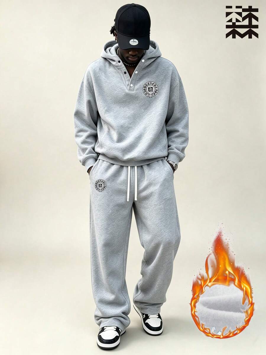 mulinsen Men's Hoodie Sweatshirt Set - Heavyweight Loose Drop Shoulder Top Paired With Draped Wide Leg Sweatpants, Casual 2 Pieces Set - Grey - View 1