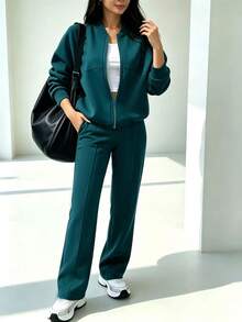 2pcs Casual Solid Color Sweatshirt Jacket Top And Straight Leg Pants Set, Soft Fleece Fabric, Suitable For Spring, Autumn And Winter Elegant Summer - Dark Green - View 3