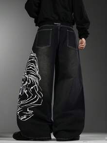 Celana Jeans Pria Gaya Jalanan Hong Kong, Bordir Motif Macan Premium di Jahitan Samping, Celana Longgar Nyaman dengan Kaki Lebar (Sabuk & Aksesoris Tidak Termasuk) - Hitam - View 7