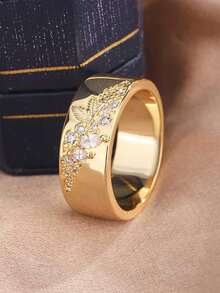 1pc Vintage 14K Gold Plated Leaf Zirconia Wide Band Ring, Unisex Luxury Design Statement Ring, Niche Style Elegant Accessory Gift Jewelry - Yellow - View 3