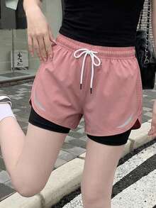 女款夏季抽繩雙層休閒運動短褲，適合戶外健行、騎單車、球類運動、跑步及室內健身，粉紅色 - 粉色 - 查看 5