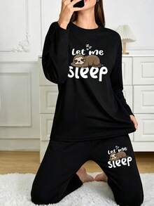 طقم ملابس منزلية نسائي من قطعتين بطبعة الكسلان "Let Me Sleep"، ملابس علوية بأكمام طويلة وبنطال، طقم بيجامة ناعم - الأسود - مشاهدة 2