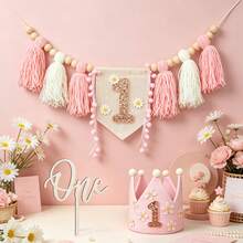 3pcs/Set Pink Birthday Decoration, Hanging Banner, Birthday Crown, Party Decoration, Photo Booth Backdrop - Pink Daisy - View 4