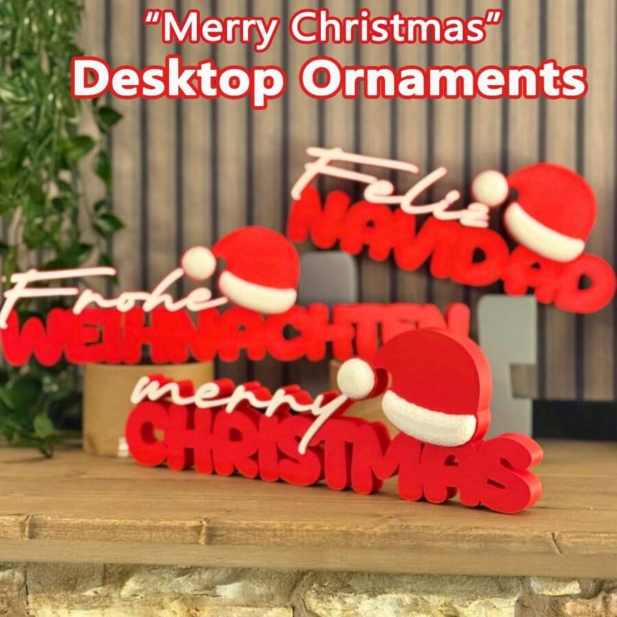1pc 3D Printed "Merry Christmas" Letter Sign With Small Christmas Hat, Adds Festive Atmosphere, Suitable For Desktop, Window And Shelf Decoration, Halloween Christmas Decor - One Size Fits All - View 1