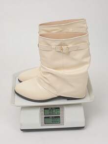 Women's Comfortable Round Toe Pleated Buckle Low Heel Beige Mid-Calf Boots, Motorcycle Style, Autumn/Winter New Daily Wear Boots - Beige - View 8