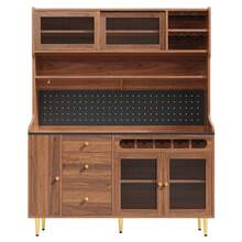Flieks Highboard With Adjustable Shelves & LED Lights, Freestanding Storage Unit For Living Room Kitchen Dining, Tall Cabinet With Wine Rack, Dimensions 145x39x171cm - Natural - View 10