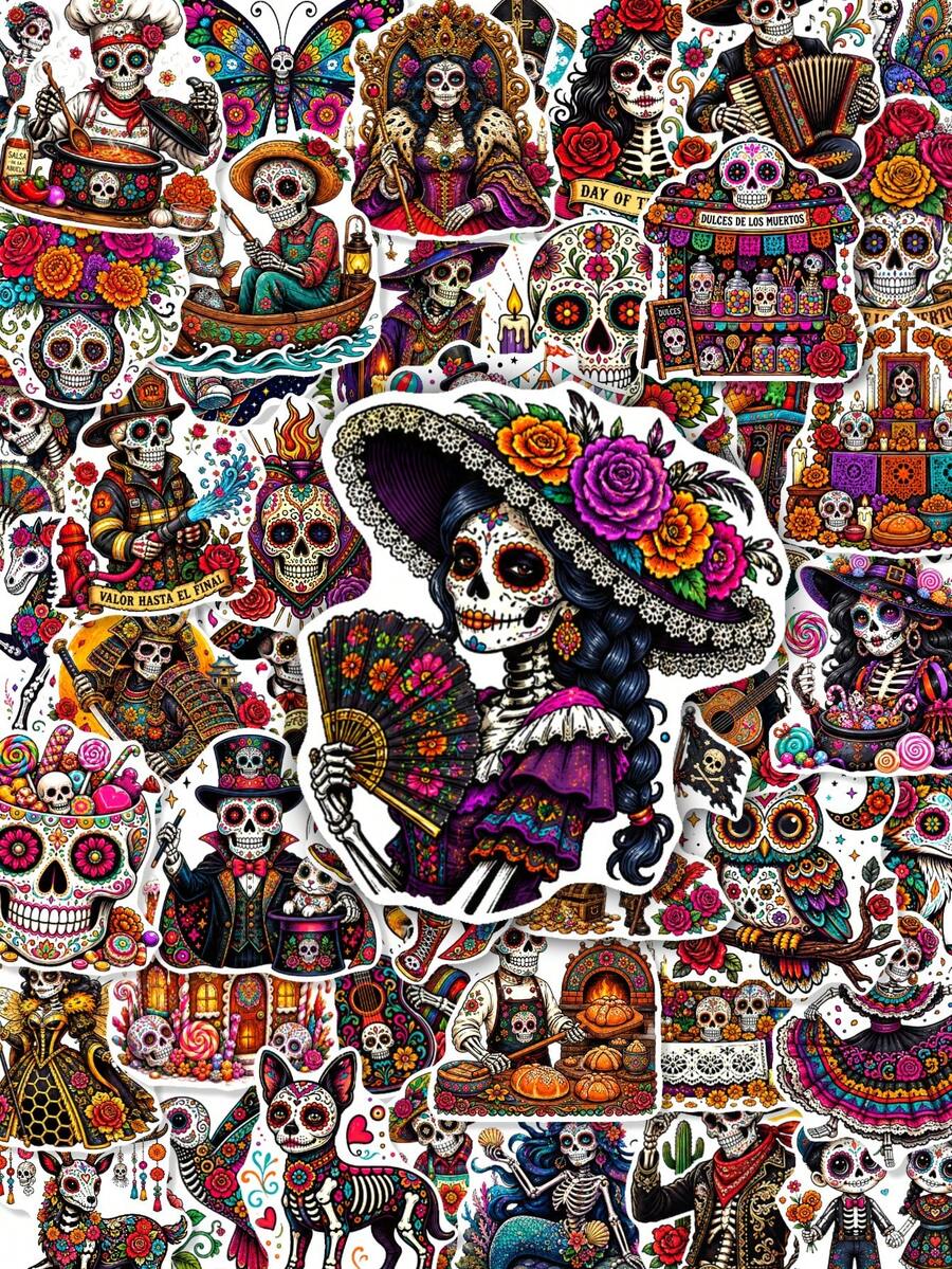 50Pcs Day Of The Dead Stickers For Teens Adults, Assorted Colorful Sugar Skull Decals, Mexican Day Of The Dead Decorative Stickers For Water Bottle, Laptop, Notebook & Scrapbook Crafts - Multicolor - View 1