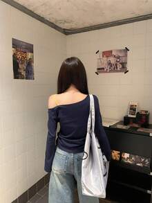 Korean Style Autumn Asymmetrical Shoulder Cinched Waist Long Sleeve T-Shirt Layered Top For Women - Navy Blue - View 6