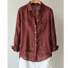 Early Autumn Plus Size Rust Red Lightweight Breathable Women's Blouse, Design-Focused Solid Color Double Patch Pocket Lapel Cardigan Top, Casual Commute Everyday Wear, Draped Elegant Style Shirt - Burgundy - View 8