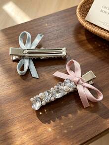 2pcs Shiny Crystal Rhinestone Pearl Bow Side Hair Clips Set, Exquisite Hair Accessories For Women, Daily And Party Wear, Gift For Girls - Multicolor - View 3