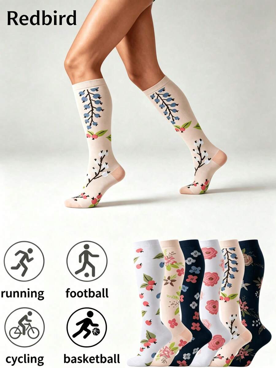 1/3/6 Pairs Women's Knee-High Compression Socks, Fun Back-To-School Socks, Graduated Compression Breathable, Suitable For Running, Travel, Hiking, Daily Wear - Multicolor - View 1