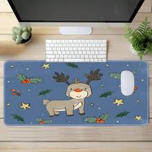 1pc Blue Cute Reindeer Christmas Extra Large Extended Mouse Pad, With Holly And Star Print, Non-Slip Rubber Bottom, Stitched Soft Cloth Keyboard Desk Mat, Suitable For Gaming, Office Decor And Christmas Gift - View 2