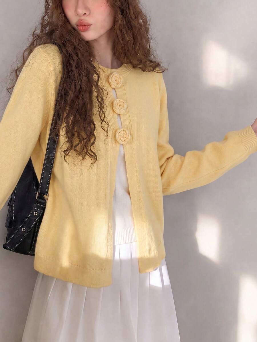 Women's Vintage Yellow Knitted Cardigan, Floral Buttons, Long Sleeve Crew Neck Sweater, Winter Outfit - Yellow - View 1