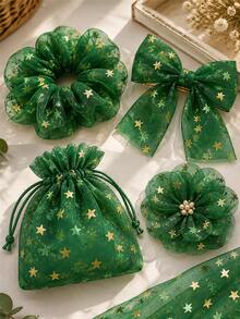 1pc Green Star Glitter Tulle Fabric, Transparent Mesh With Gold Metallic Star Print, Lightweight Shiny Polyester Tulle, Suitable For Holiday Party Decoration, Christmas Backdrop, Gift Wrapping, Ballet Tutu, Bow Handmade And DIY Sewing Projects - Multicolor - View 9