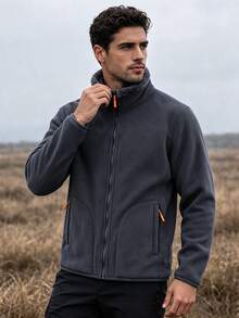 1pc Men's Dark Gray Stand Collar Fleece Jacket, Contrast Zipper Design Thickened Outdoor Hiking Fleece Top, Suitable For Young Men - Dark Grey - View 2