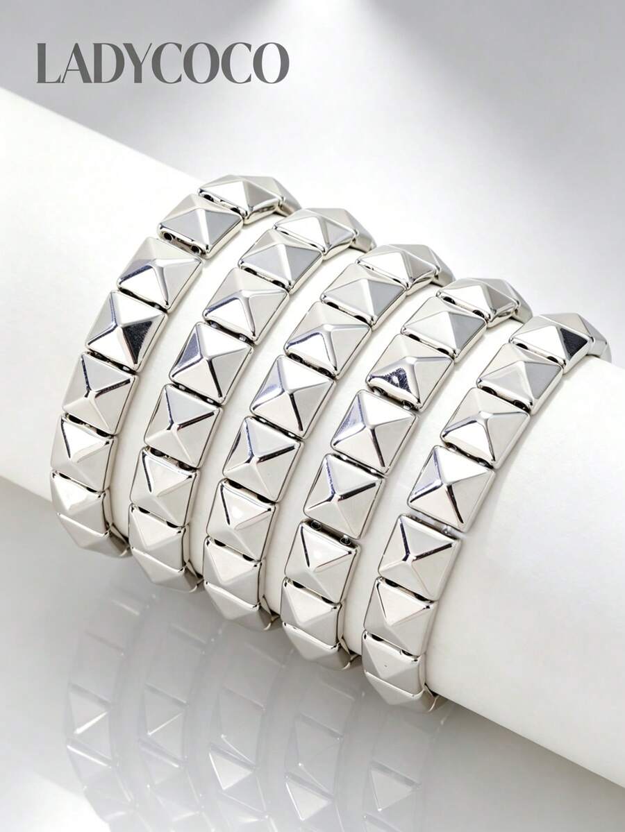 LADYCOCO 5pcs Punk New Style Couple Bracelets Women Silver Personalized Bracelet Daily Party Wear Music Festival - 5 Rings Silver - View 1