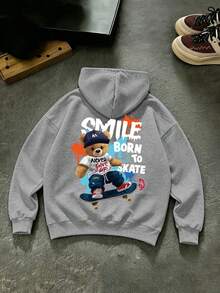 1pc Boys Hooded Jacket, Bear Skateboard Print, Fashionable Cartoon Playful Style, Autumn/Winter Big Kids Boys Top - Grey - View 1