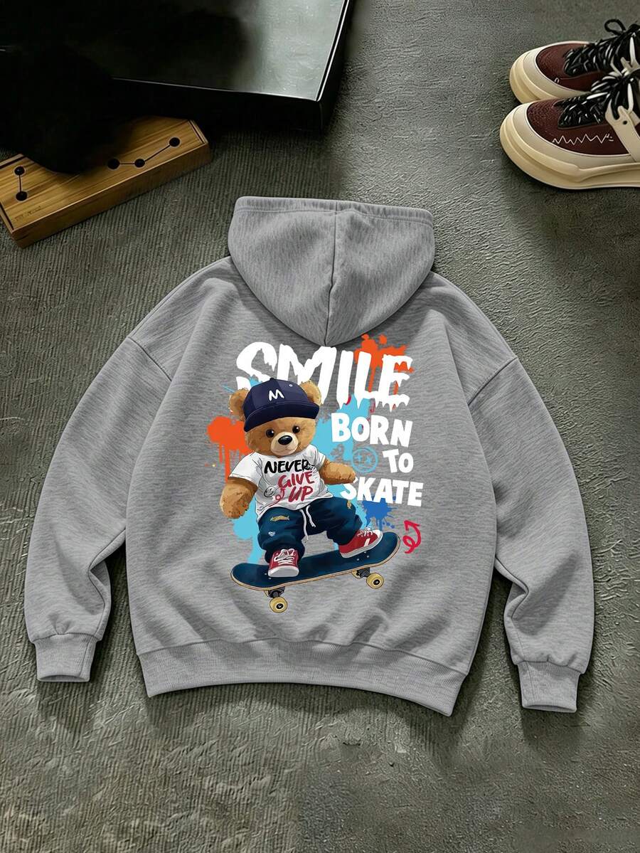 1pc Boys Hooded Jacket, Bear Skateboard Print, Fashionable Cartoon Playful Style, Autumn/Winter Big Kids Boys Top - Grey - View 1