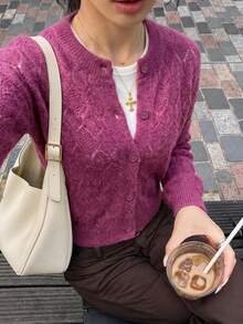 Magenta Diamond Hollow Knit Cardigan, Women Round Neck Long Sleeve Button Front Cropped Sweater - Red Violet - View 1