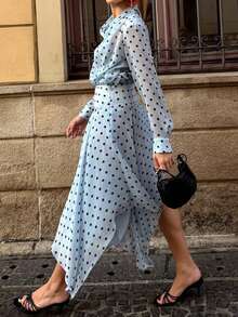 Women's Polka Dot Asymmetrical Hem 2 Pieces Set, Long Sleeve Semi-Sheer Top With Flowy Skirt, Spring Outfit, Non-Stretch Fabric, Comfortable Wear - Blue - View 8