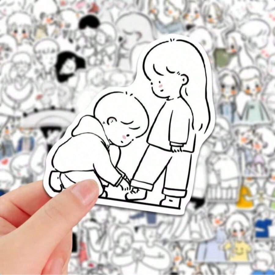 Kawaii Simple Line Drawing Couple Stickers, Waterproof Vinyl Art Decals, Aesthetic Decorative Stickers For Scrapbooking, Journaling, Laptop, Phone Case - A - View 1
